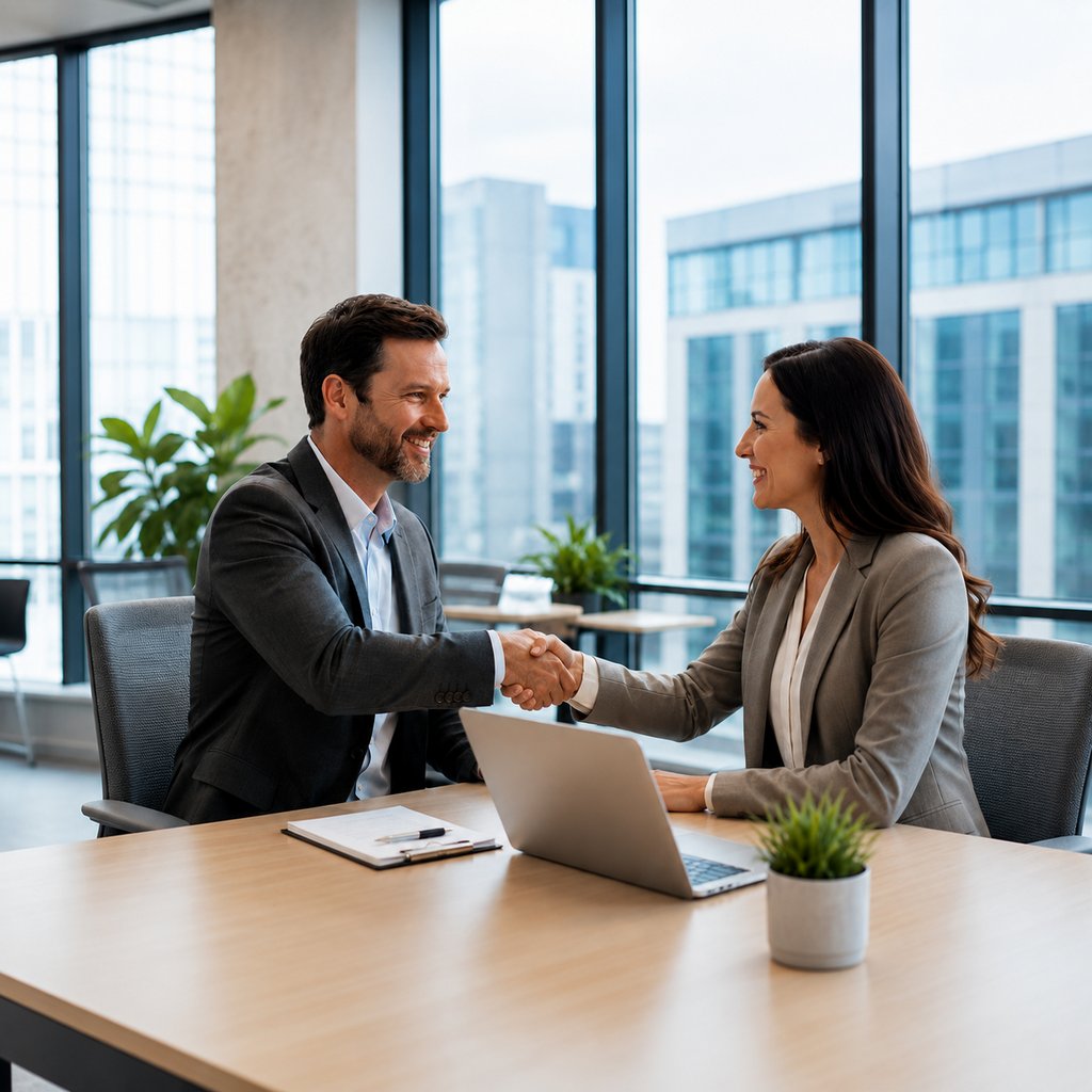 A US small business owner shaking hands with a marketing specialist in a modern office