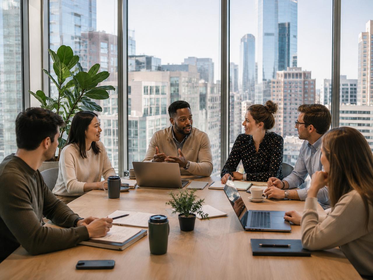 Senior lead-gen team collaborating in a modern American office
