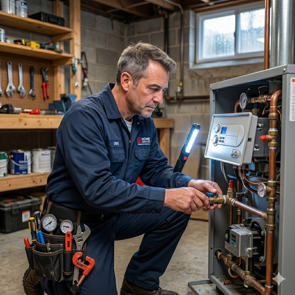 Home services technician inspecting a residential boiler system