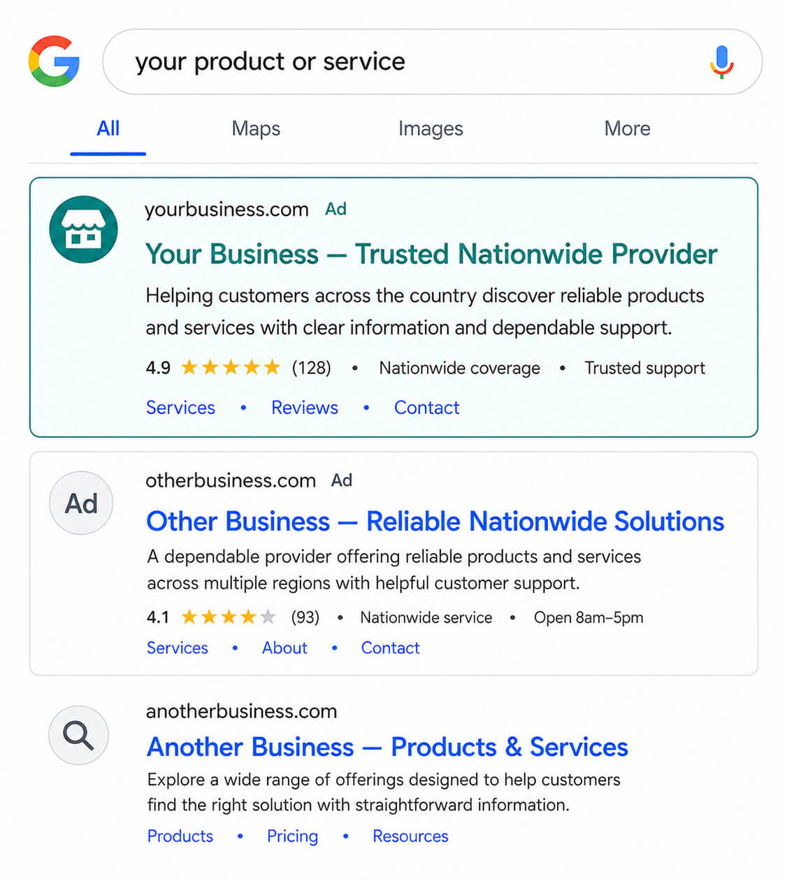 PPC ad example — sponsored business ranked #1 in Google search results