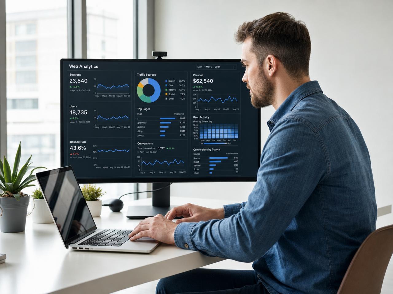 Strategist reviewing lead-generation analytics across industries