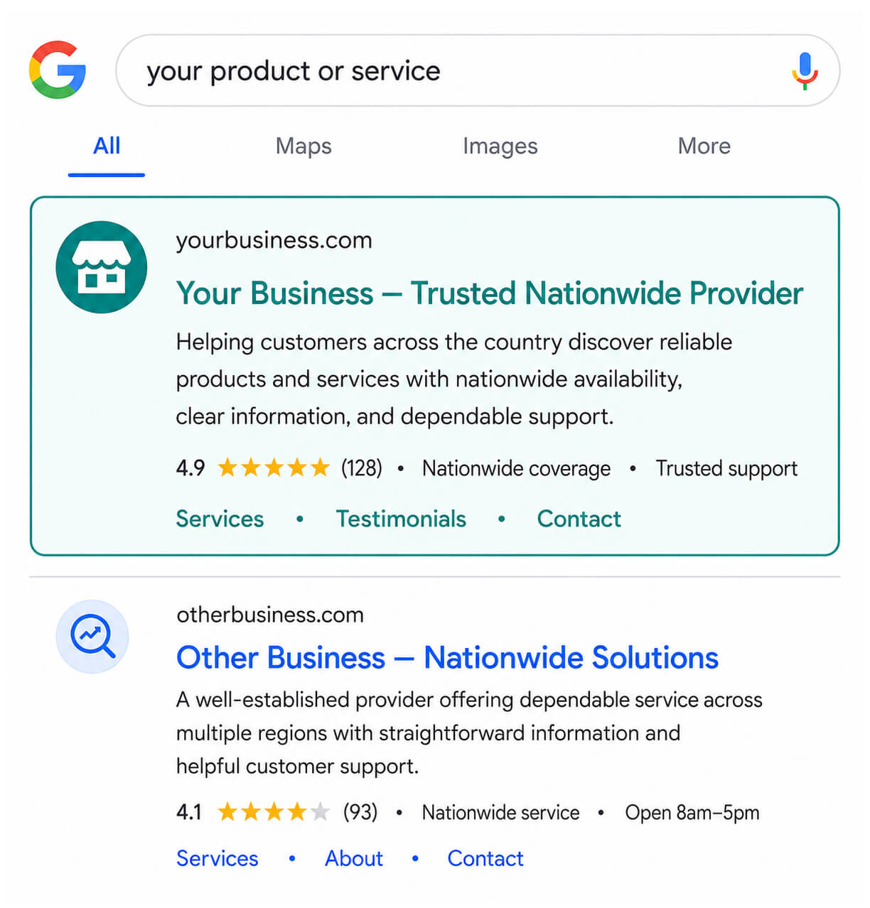 National SEO example — business ranked #1 in Google search results