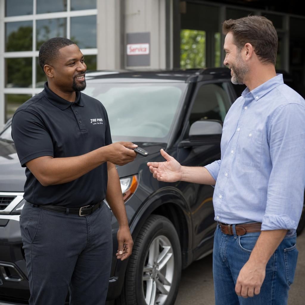 Auto service advisor handing car keys to a happy customer in front of his serviced SUV at an auto shop