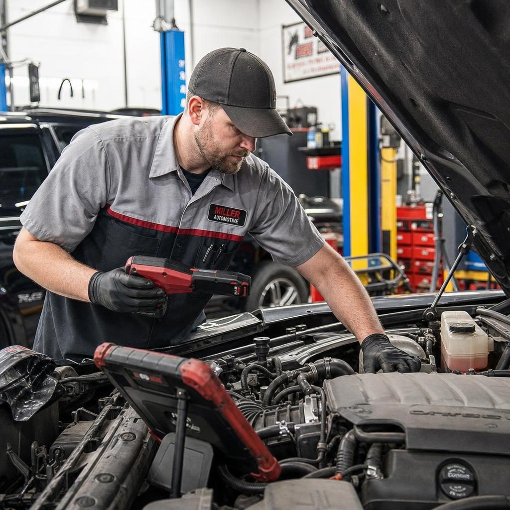 Professional mechanic in uniform working under the hood of a modern car with a diagnostic tablet