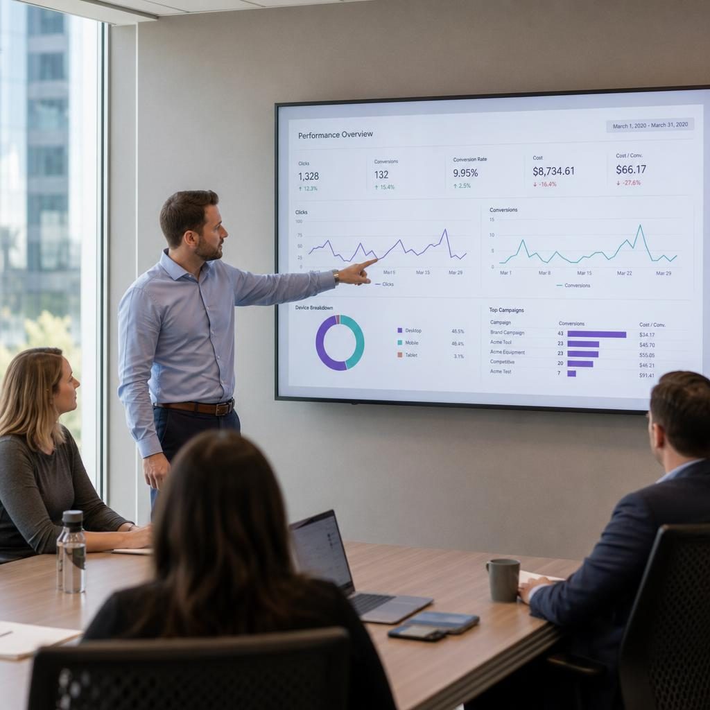 B2B account manager presenting an analytics dashboard on a large screen to a corporate client team in a modern meeting room