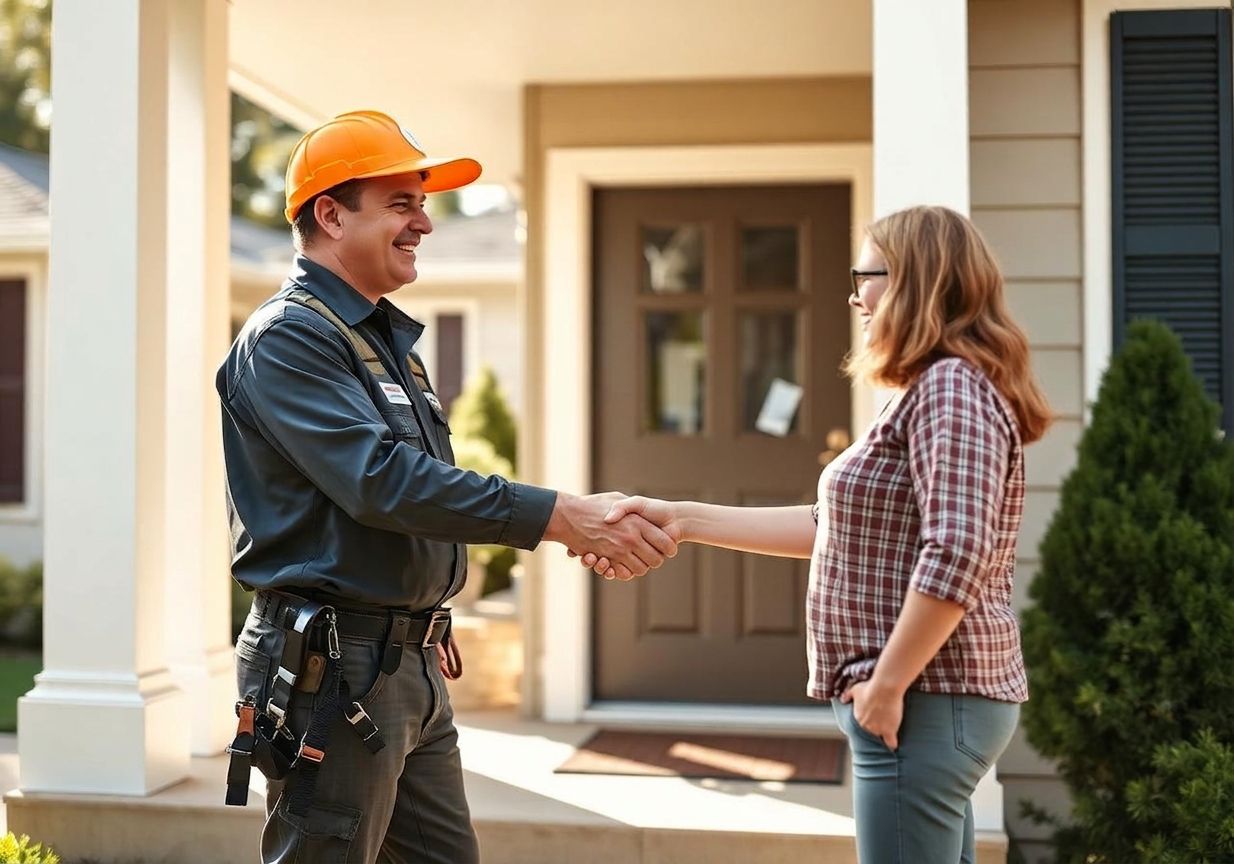Contractor in branded uniform shaking hands with a homeowner at the front door