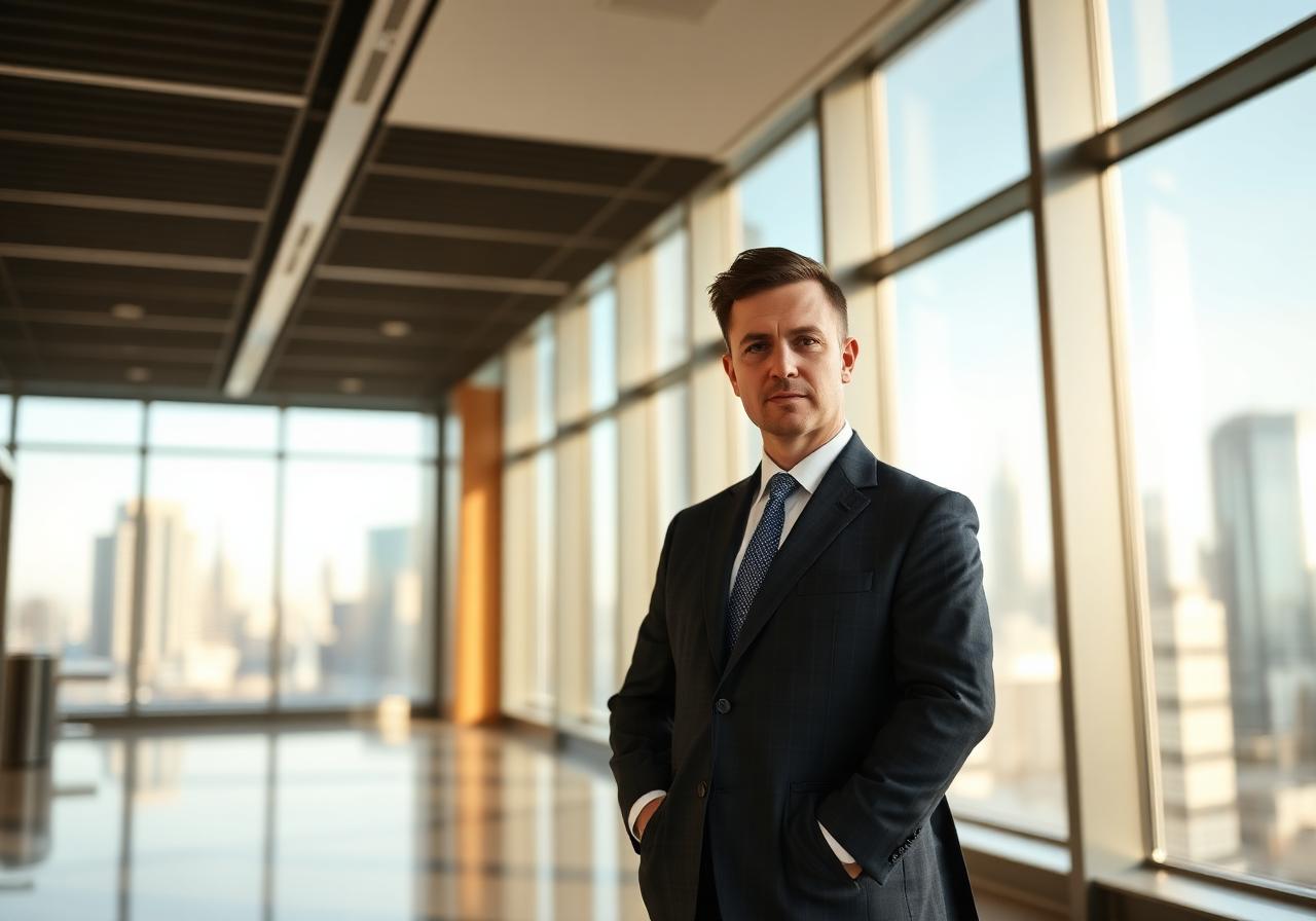 Attorney standing in a modern law firm with skyline view