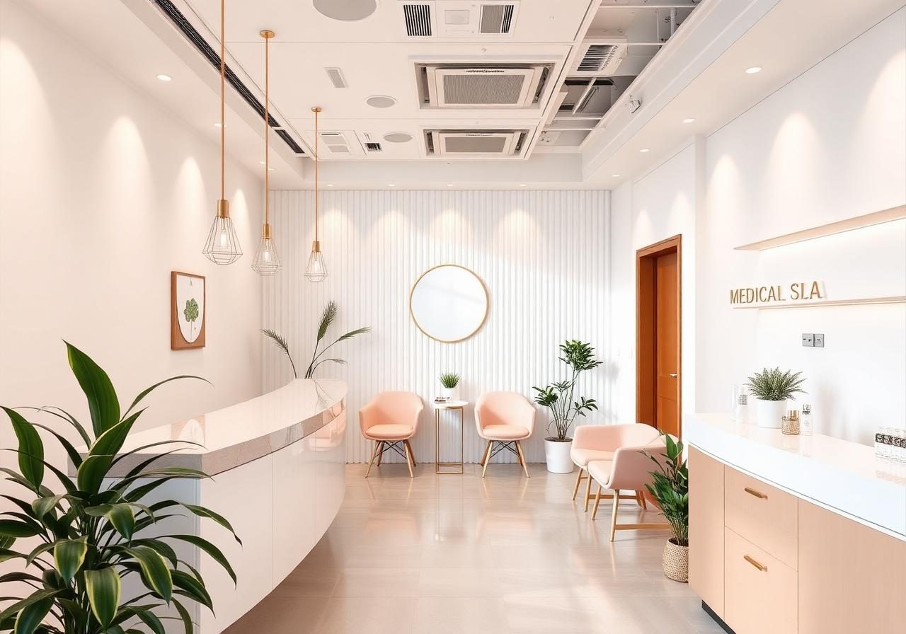 Bright modern med spa reception with soft pink and gold styling