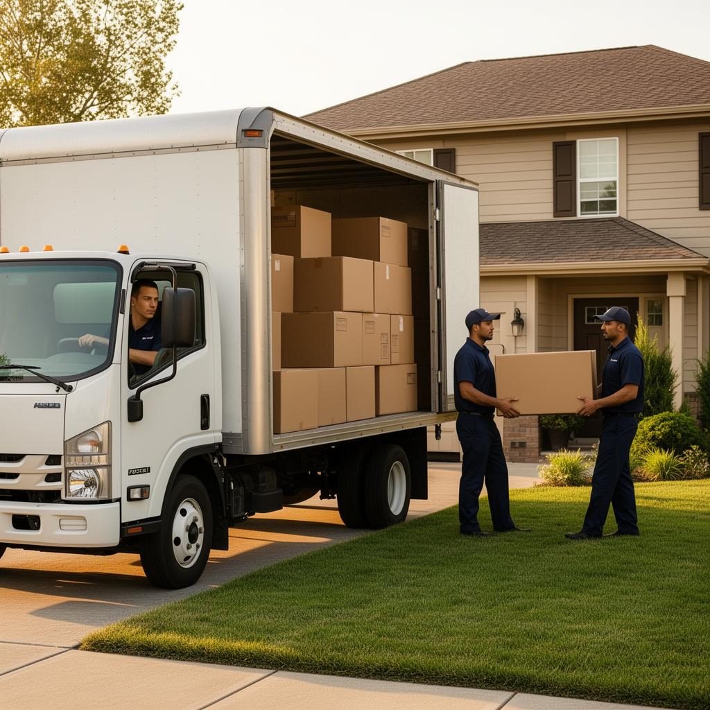Moving truck loaded by uniformed movers in a suburban neighborhood