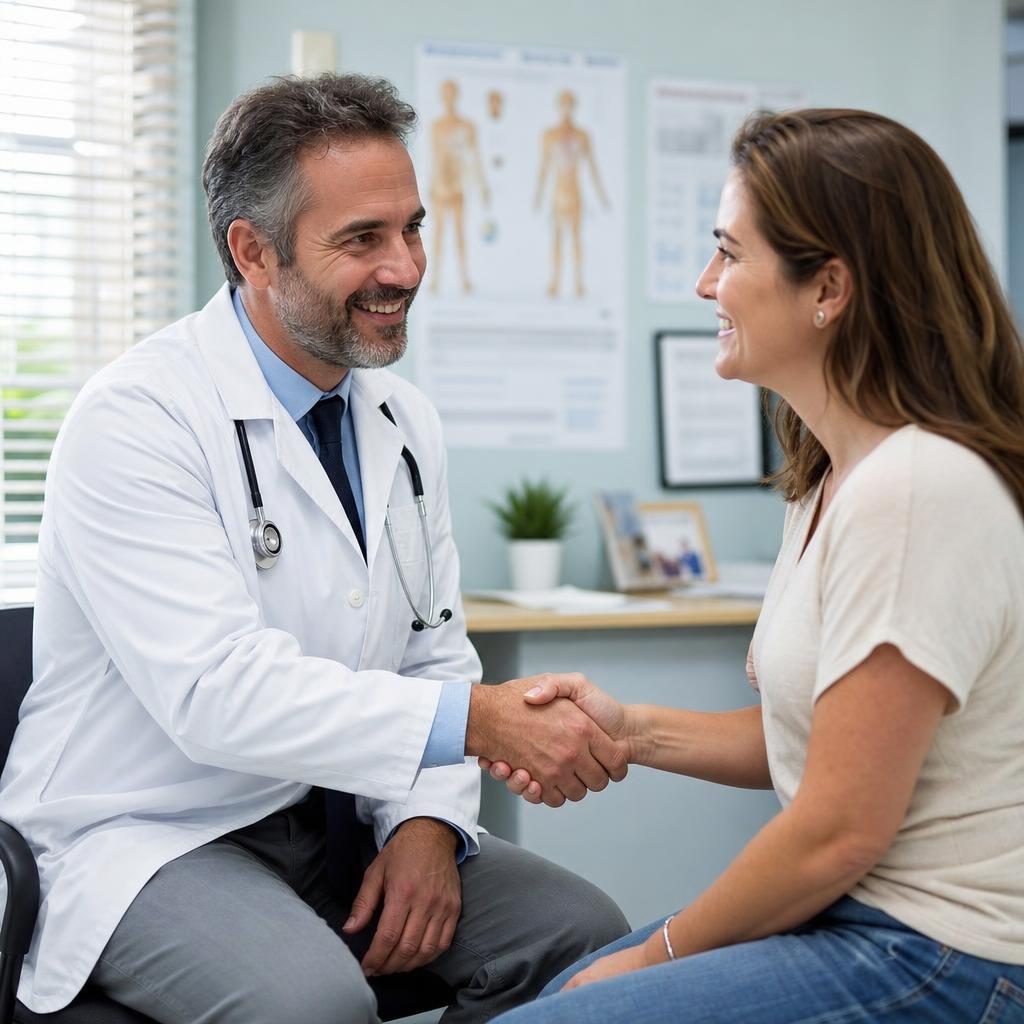 Doctor shaking hands with a patient in a bright modern medical clinic exam room