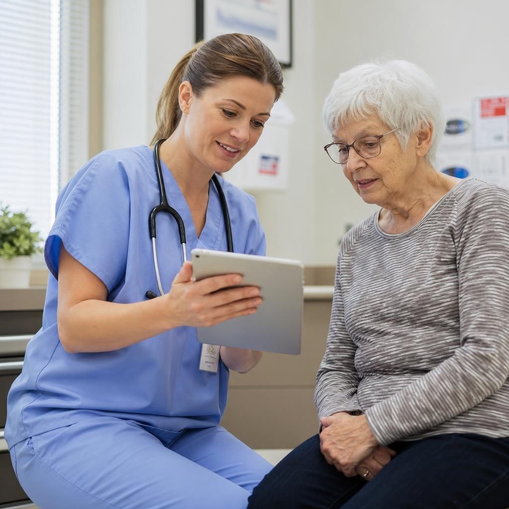 Nurse in scrubs reviewing a tablet with a senior patient in a modern medical clinic
