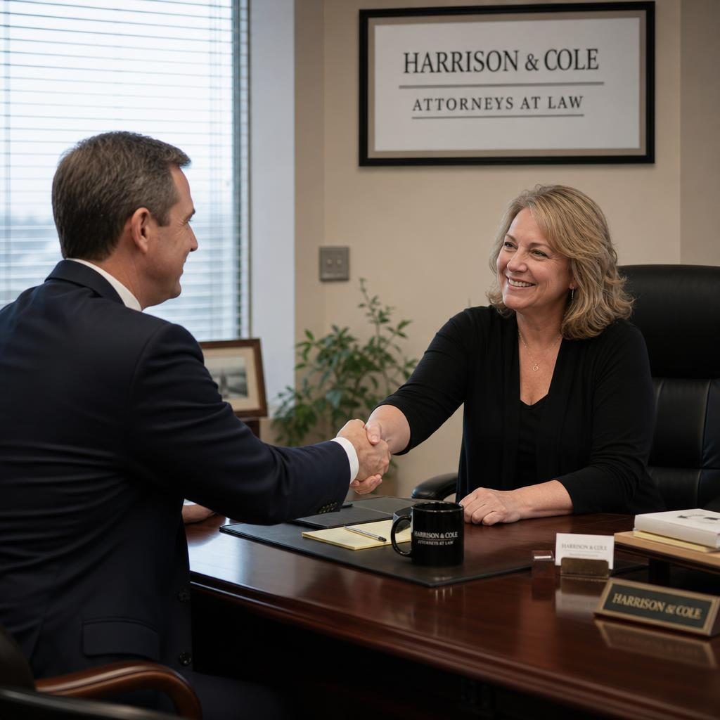 Attorney shaking hands with a smiling client across a desk in a modern law firm office