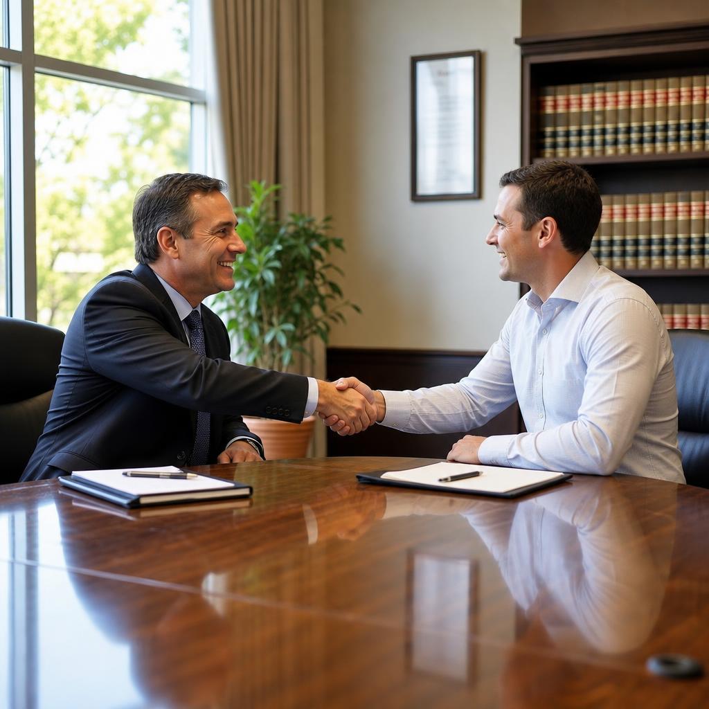 Attorney shaking hands with a smiling client across a desk in a modern law firm office