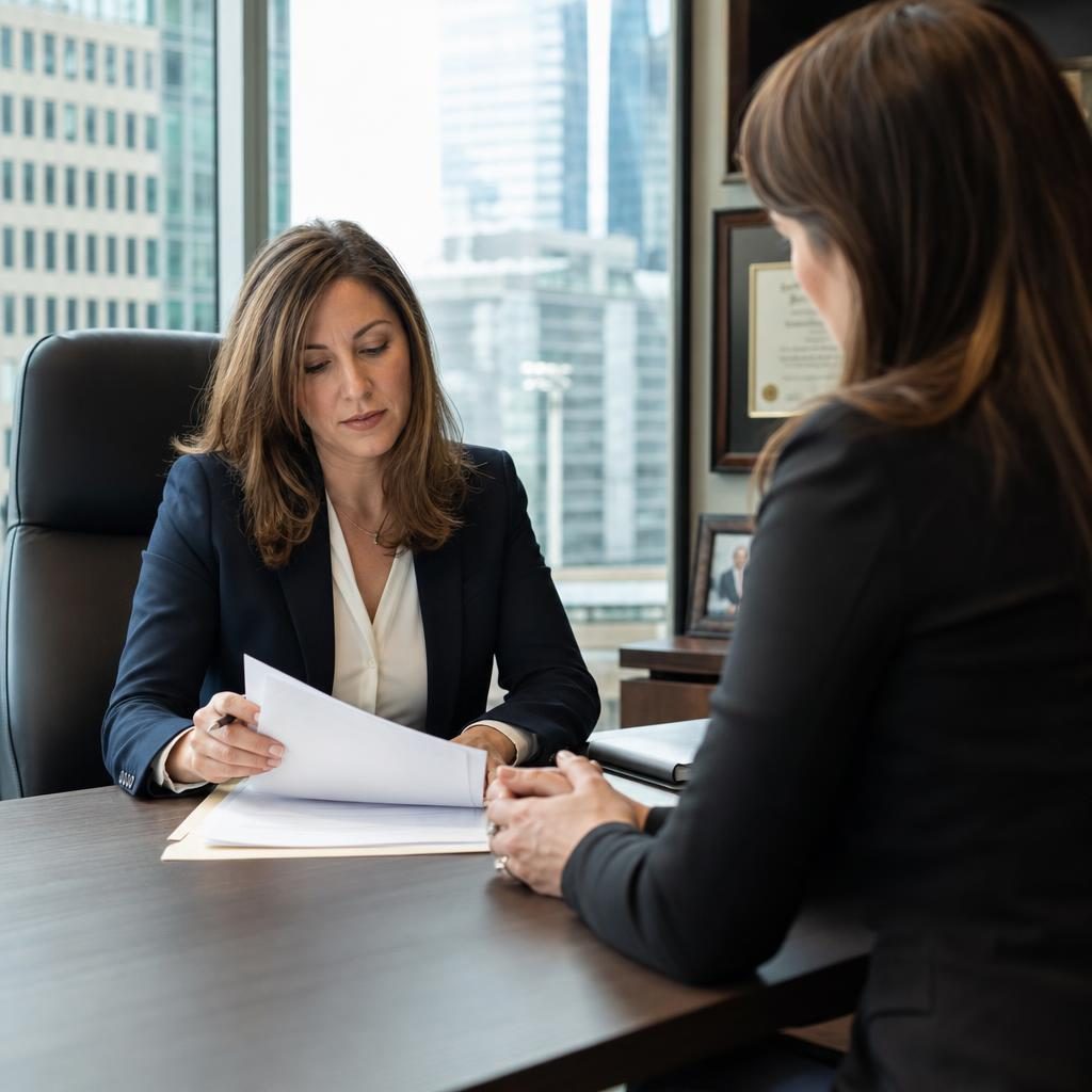 Female attorney reviewing legal documents with a client at a conference table in a modern law office