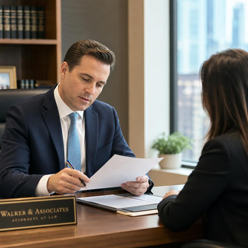 Female attorney reviewing legal documents with a client at a conference table in a modern law office