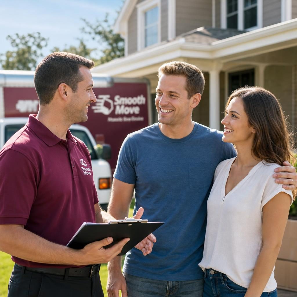 Customer talking with a moving company representative in front of a moving truck