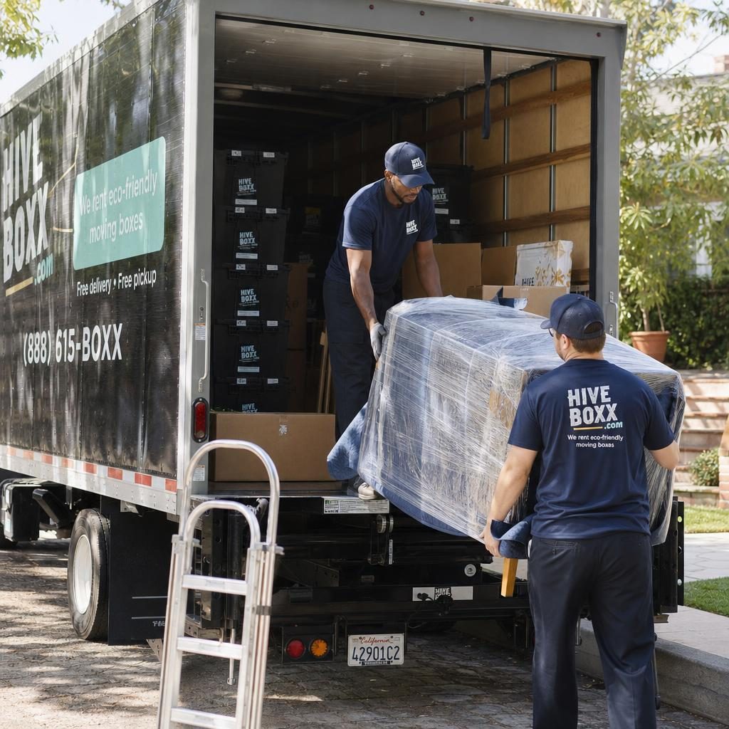 Professional moving crew loading wrapped furniture into a moving truck on a residential driveway