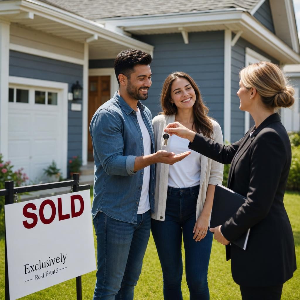 Real estate agent handing house keys to a happy young couple in front of their newly purchased suburban home
