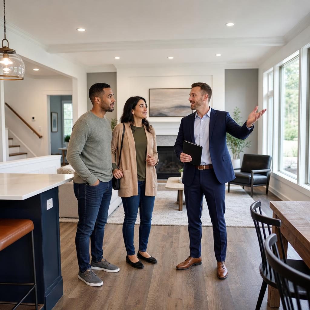 Real estate agent showing a beautifully staged modern home interior to a couple of buyers